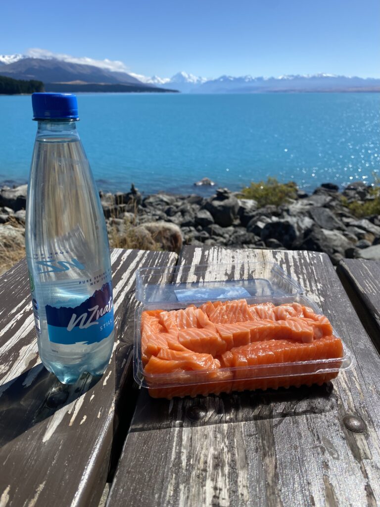 Water and Salmon at lake Tekapo in New Zealand