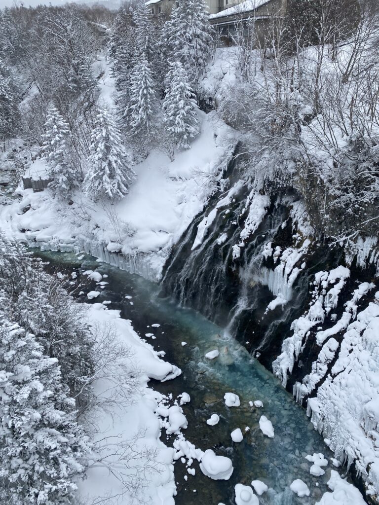 Shirahige Falls and tress covered with snow nearby