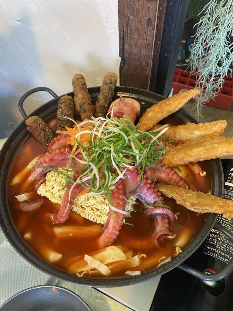 Tteokbokki with a big octopus and. lots of tempura at Tteokhani