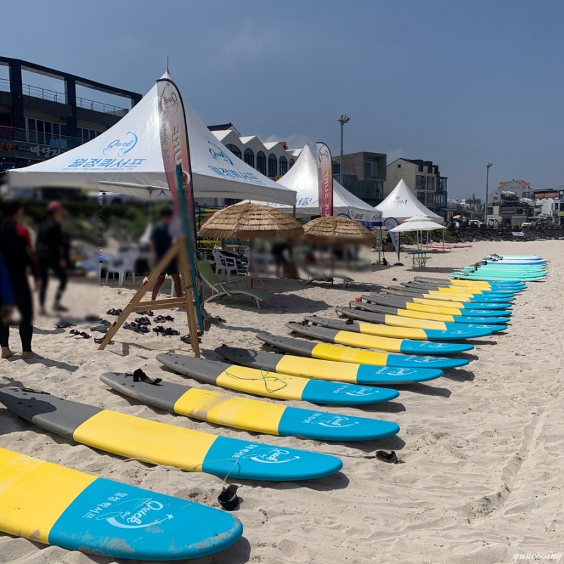 Surfboards lined up on the sand and white tents at Woljeongri Beach