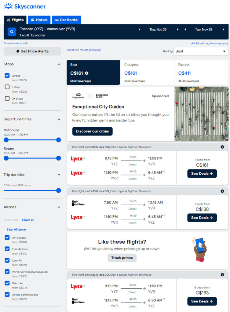 Searching for flights using filters in Skyscanner